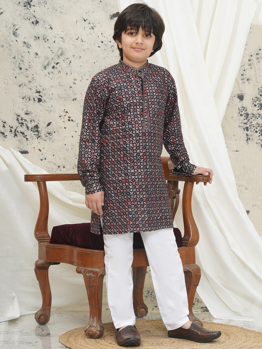 Red Full sleeves Sequenced Cotton Blend Kurta Pyjama For Boys - AJ Dezines