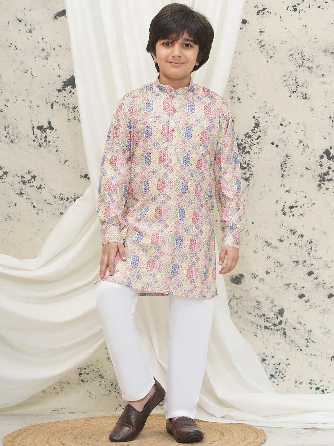Cream Full sleeves Abstract Cotton Kurta Pyjama For Boys
