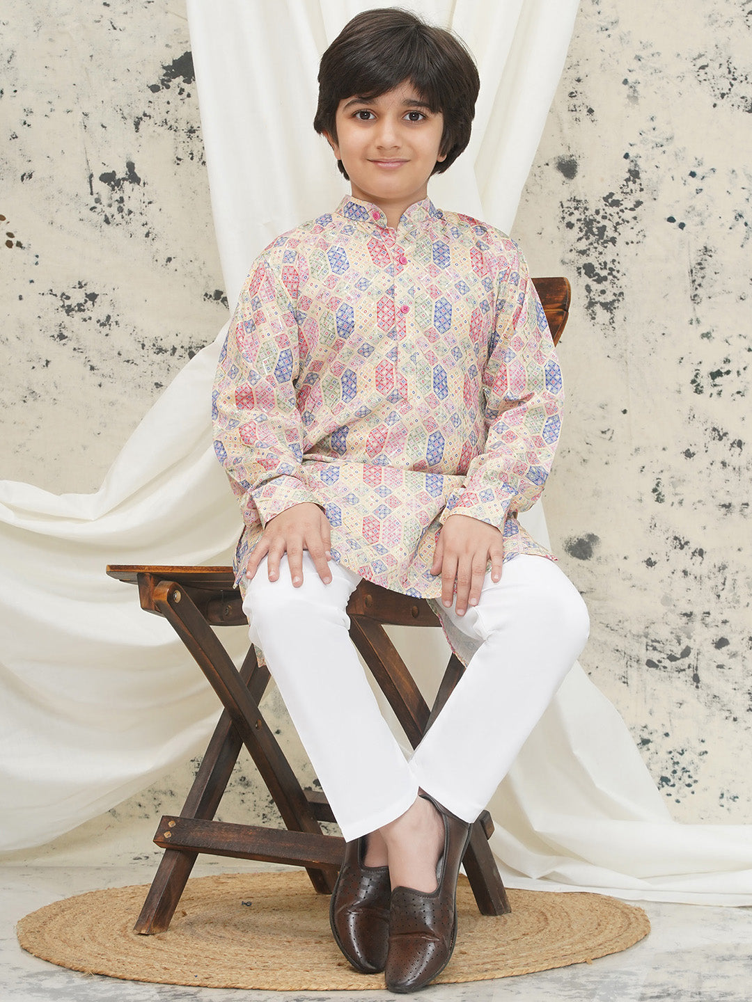 Cream Full sleeves Abstract Cotton Kurta Pyjama For Boys
