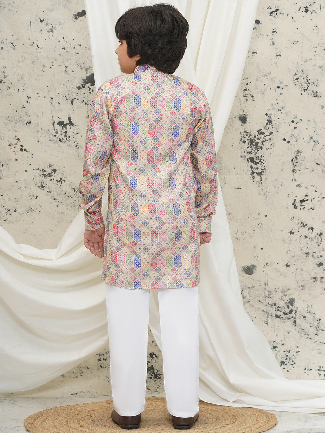Cream Full sleeves Abstract Cotton Kurta Pyjama For Boys