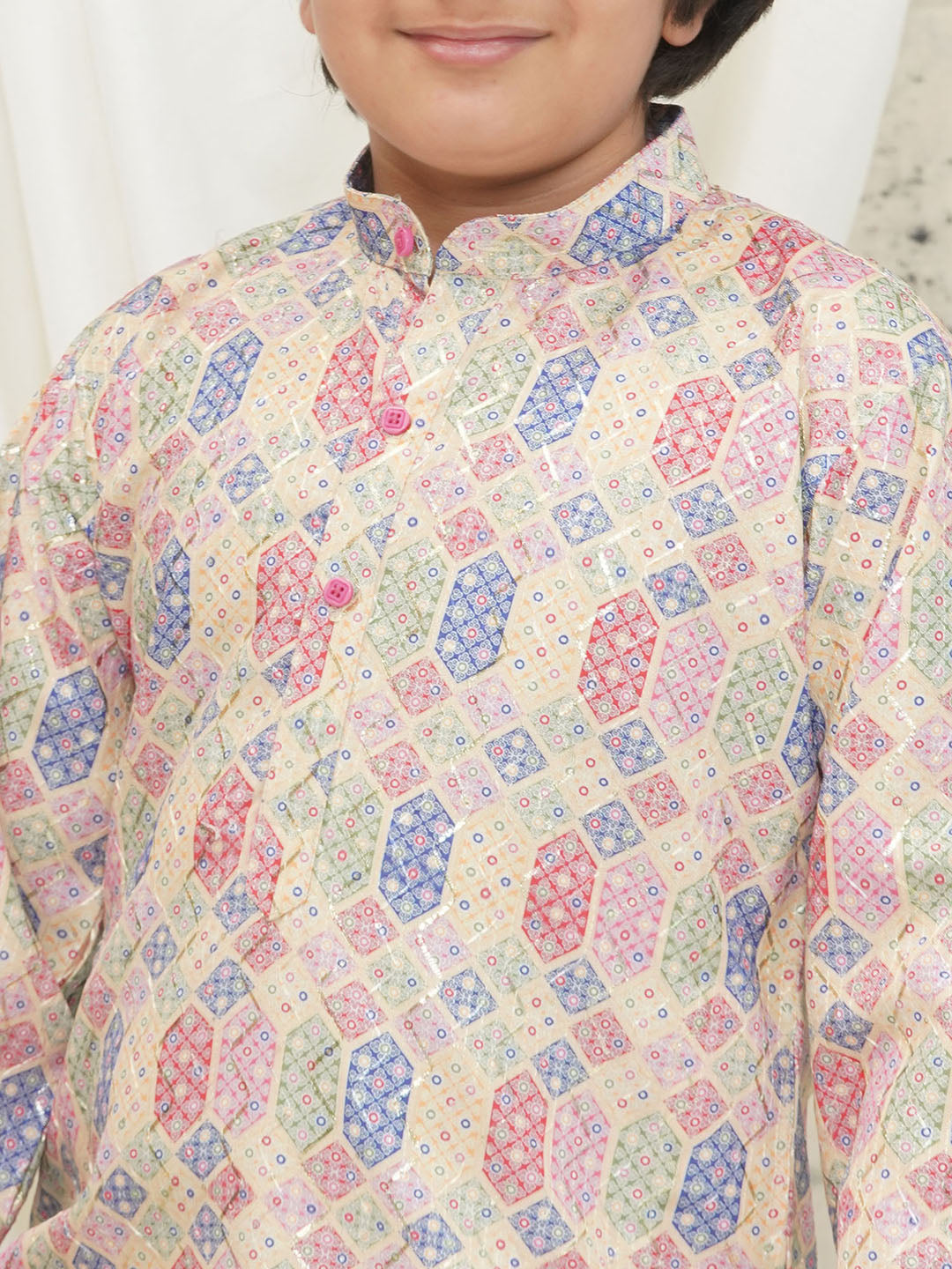 Cream Full sleeves Abstract Cotton Kurta Pyjama For Boys