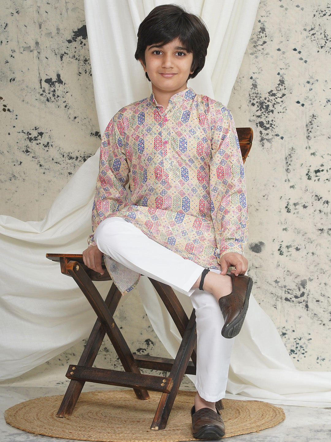 Cream Full sleeves Abstract Cotton Kurta Pyjama For Boys