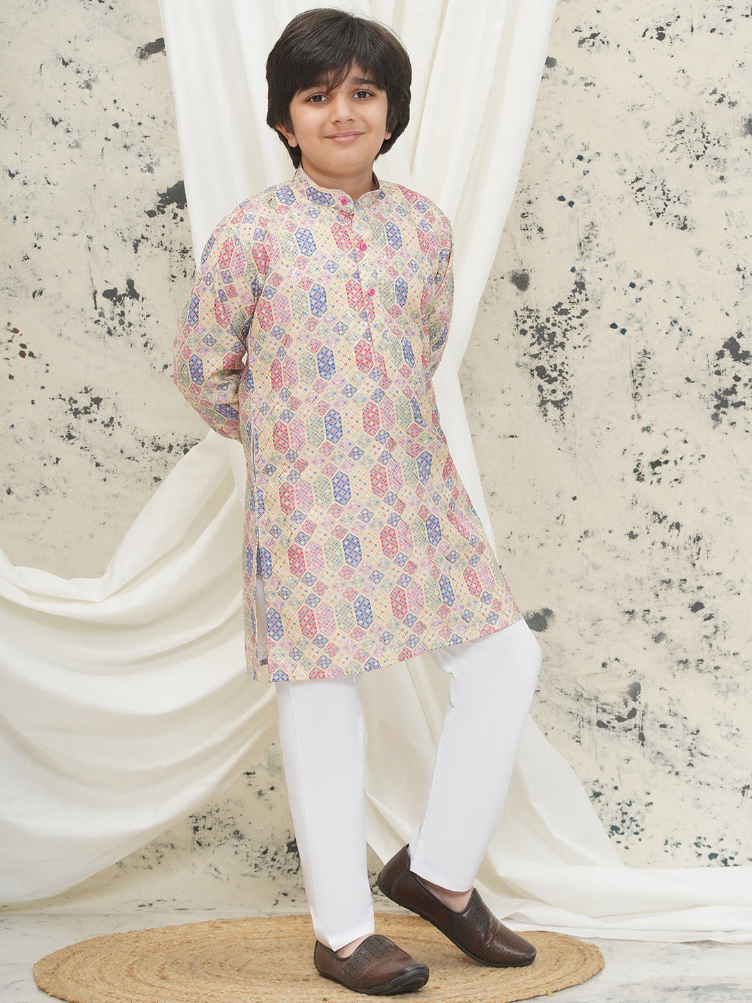 Cream Full sleeves Abstract Cotton Kurta Pyjama For Boys