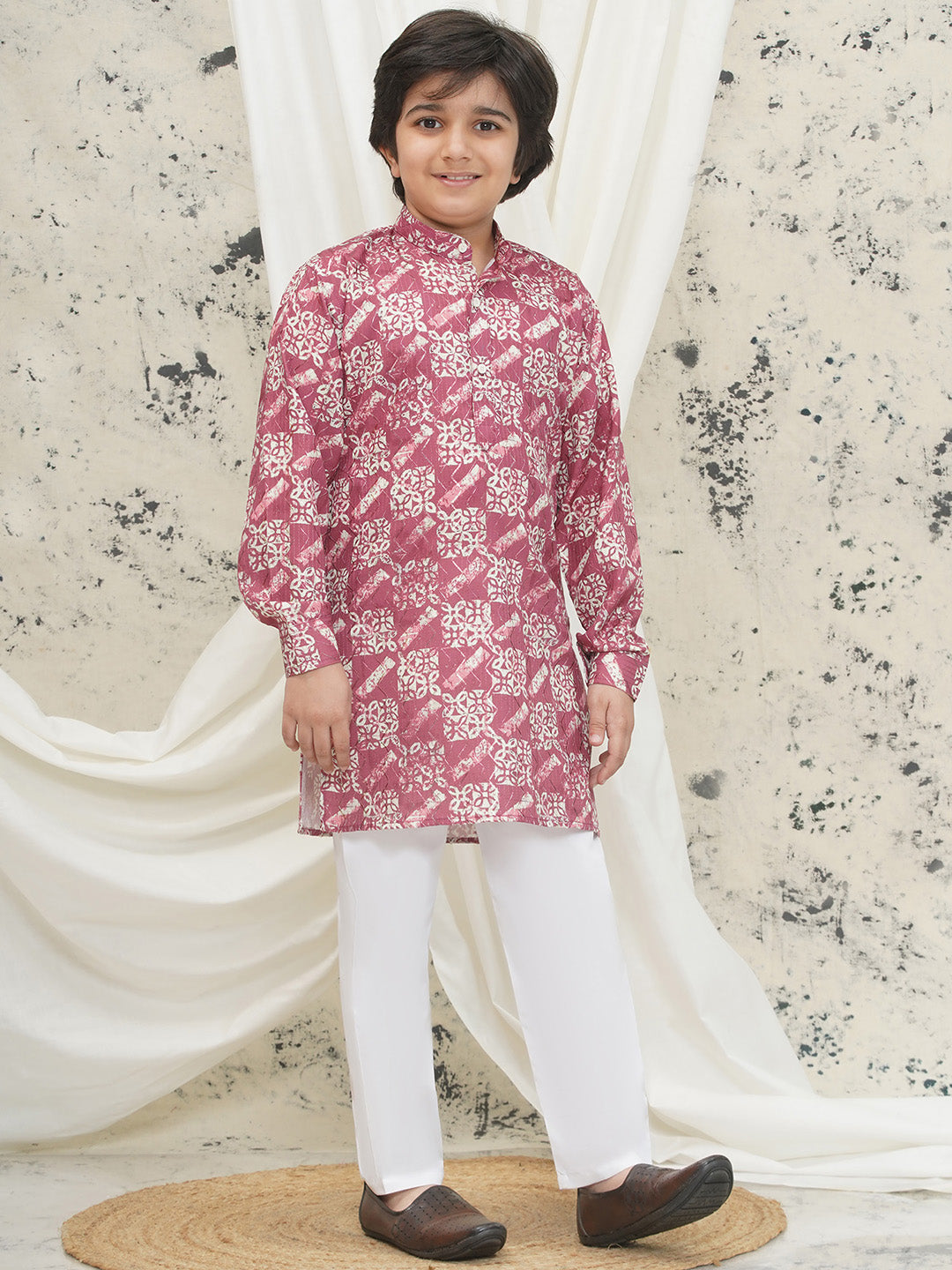 Pink Full sleeves Abstract Cotton Kurta Pyjama For Boys - AJ Dezines