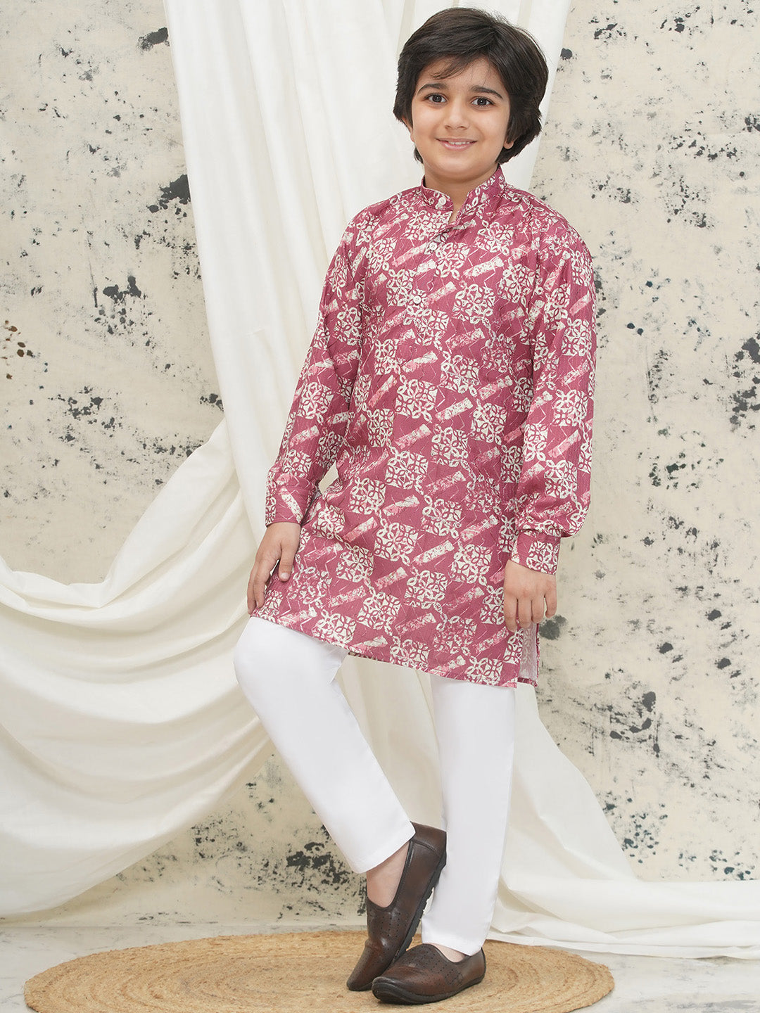 Pink Full sleeves Abstract Cotton Kurta Pyjama For Boys - AJ Dezines