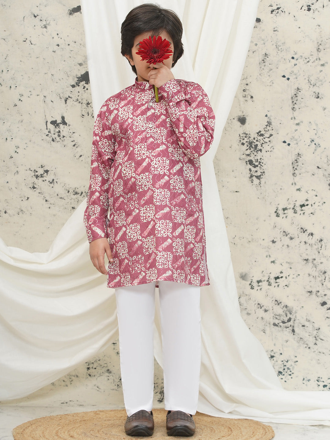 Pink Full sleeves Abstract Cotton Kurta Pyjama For Boys - AJ Dezines