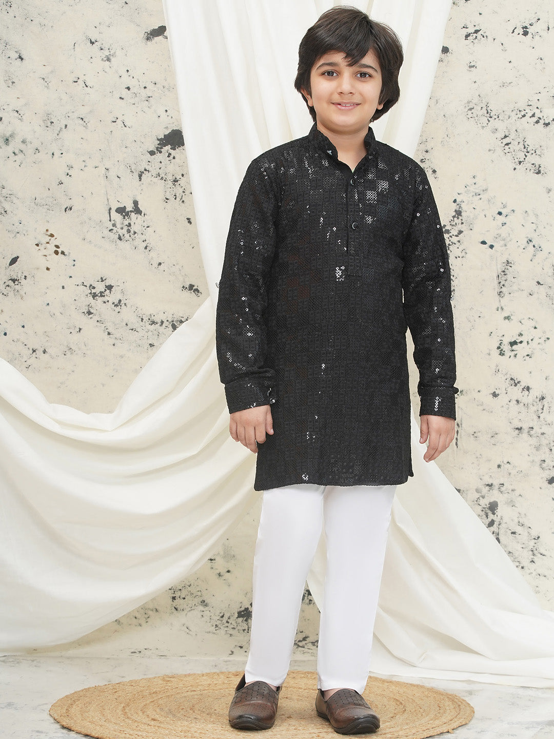 Black Full sleeves Sequenced Chikankari Kurta Pyjama For Boys