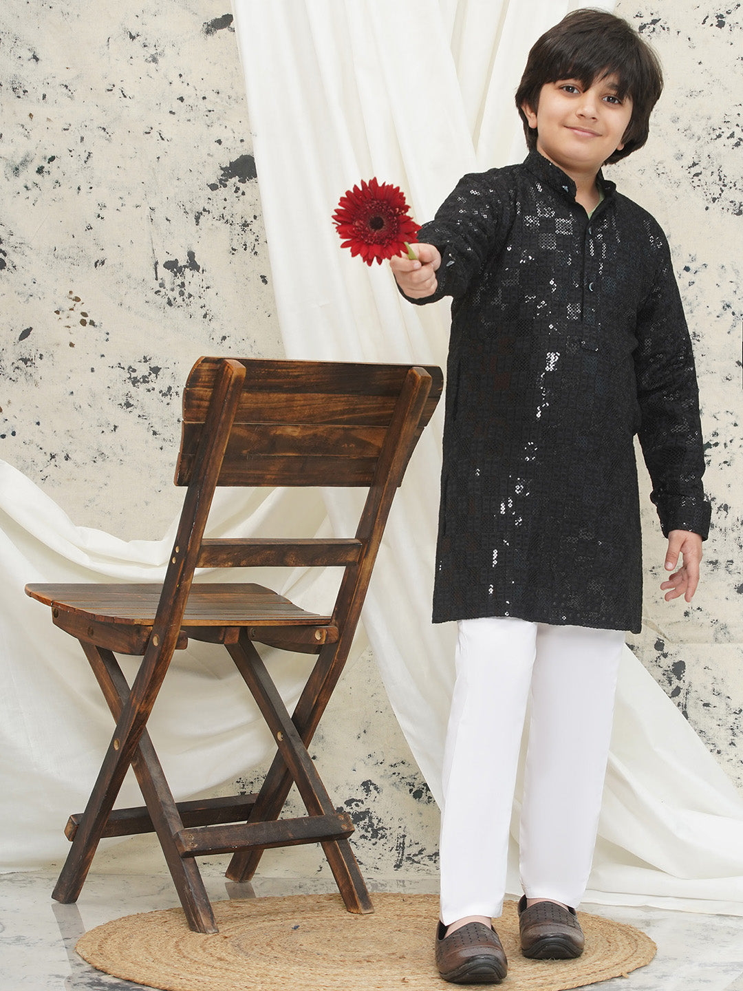 Aj Dezines Black Full sleeves Sequenced Chikankari Kurta Pyjama For Boys