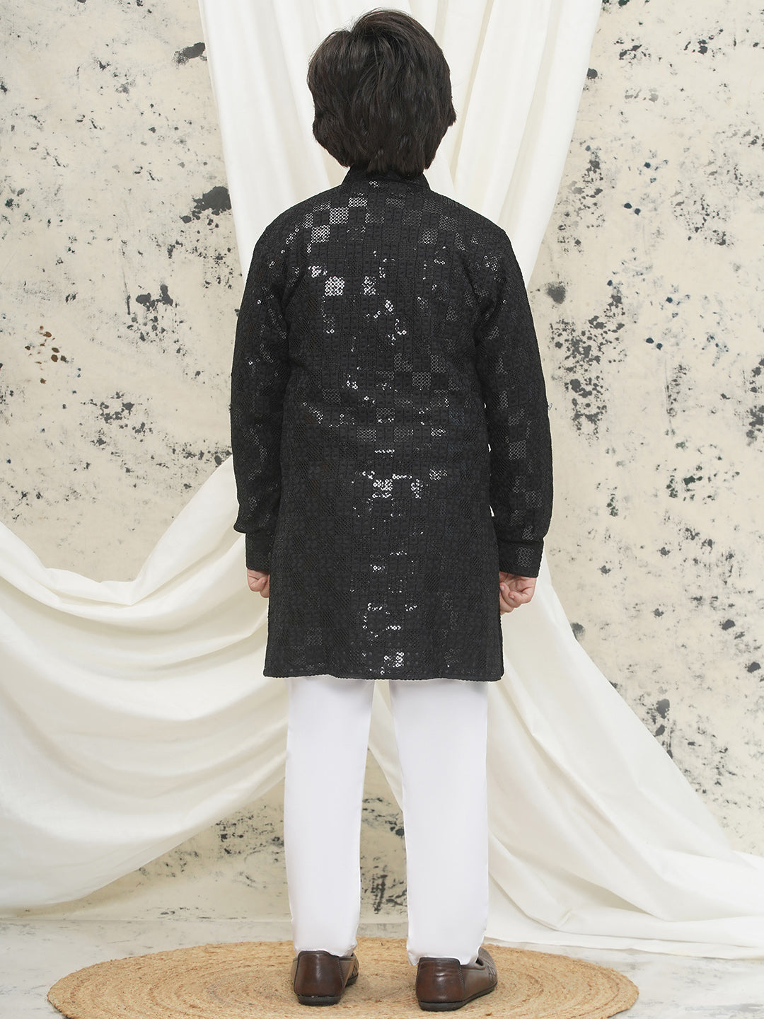 Black Full sleeves Sequenced Chikankari Kurta Pyjama For Boys