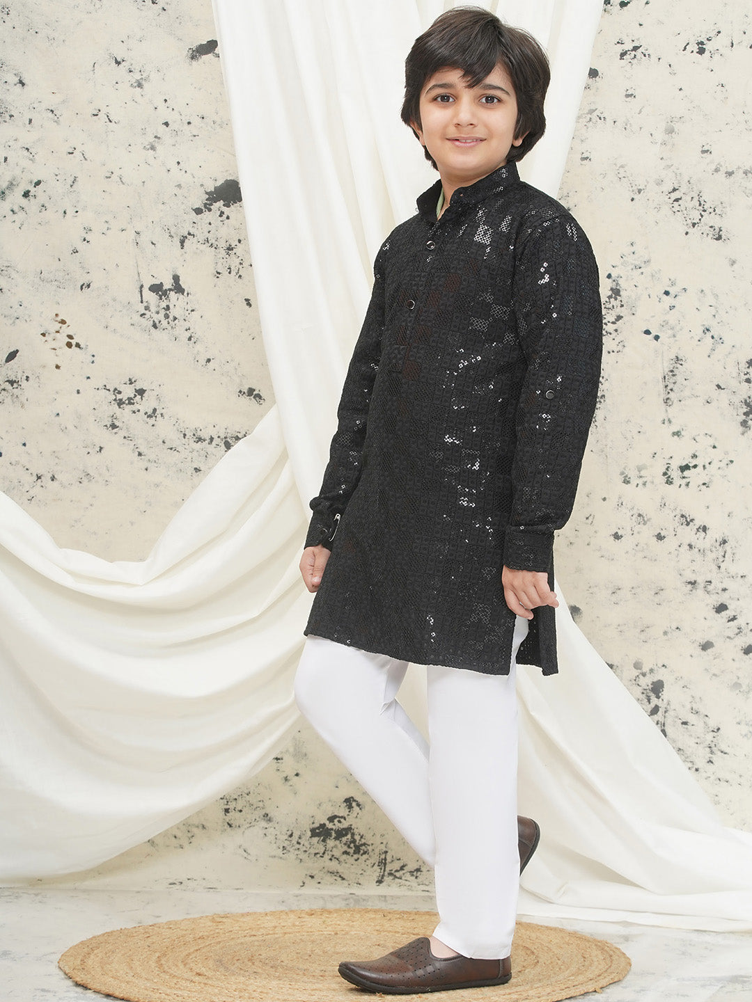 Black Full sleeves Sequenced Chikankari Kurta Pyjama For Boys