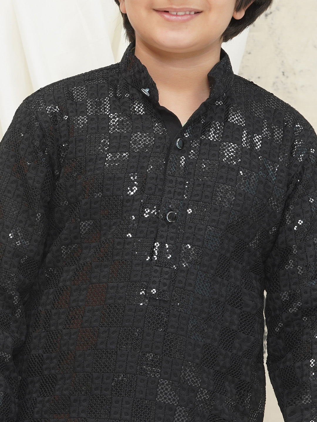Black Full sleeves Sequenced Chikankari Kurta Pyjama For Boys