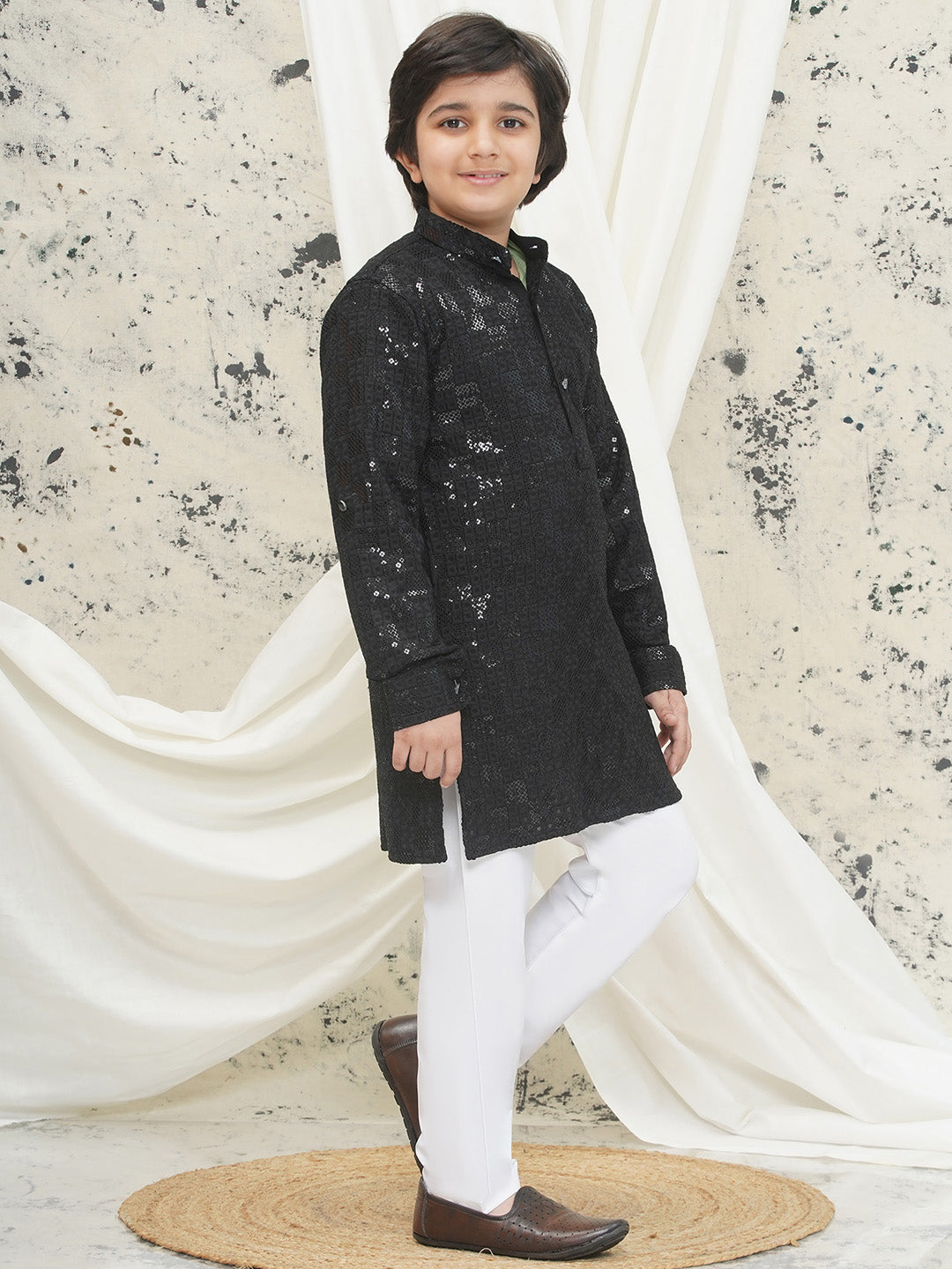 Black Full sleeves Sequenced Chikankari Kurta Pyjama For Boys
