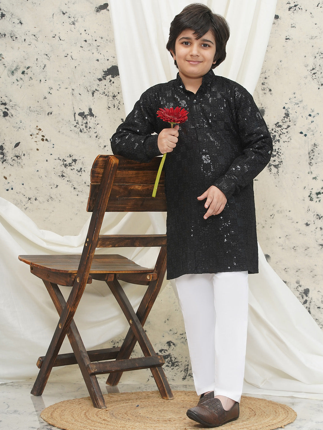 Black Full sleeves Sequenced Chikankari Kurta Pyjama For Boys