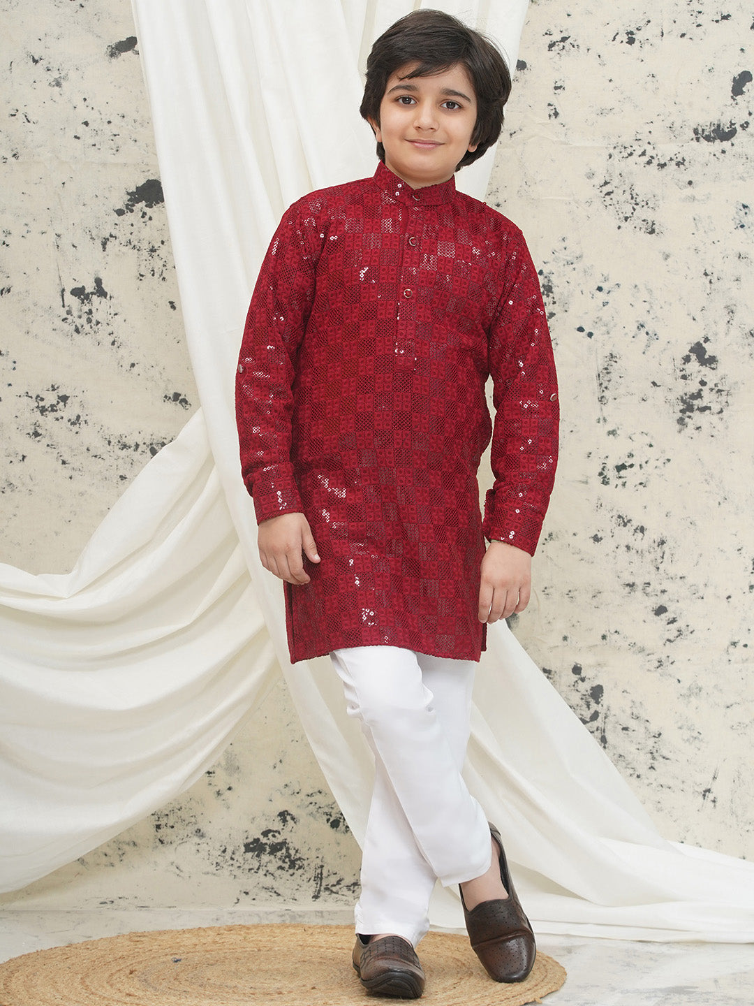 Maroon Full sleeves Sequenced Chikankari Kurta Pyjama For Boys - AJ Dezines