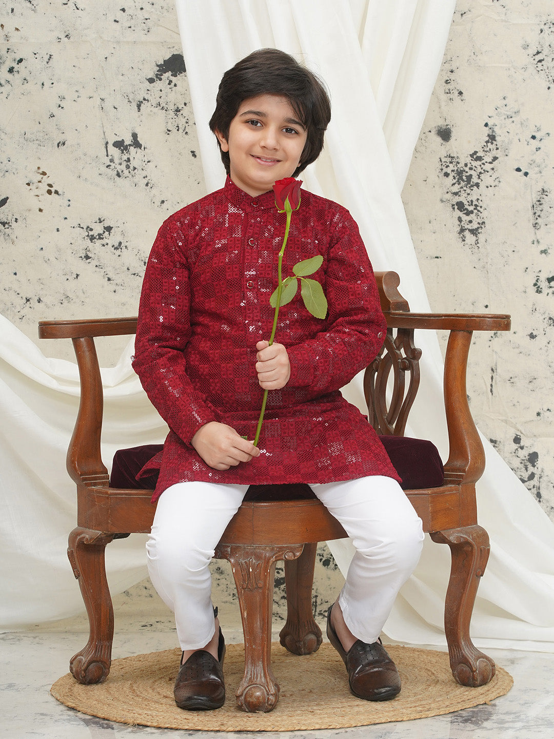 Maroon Full sleeves Sequenced Chikankari Kurta Pyjama For Boys - AJ Dezines