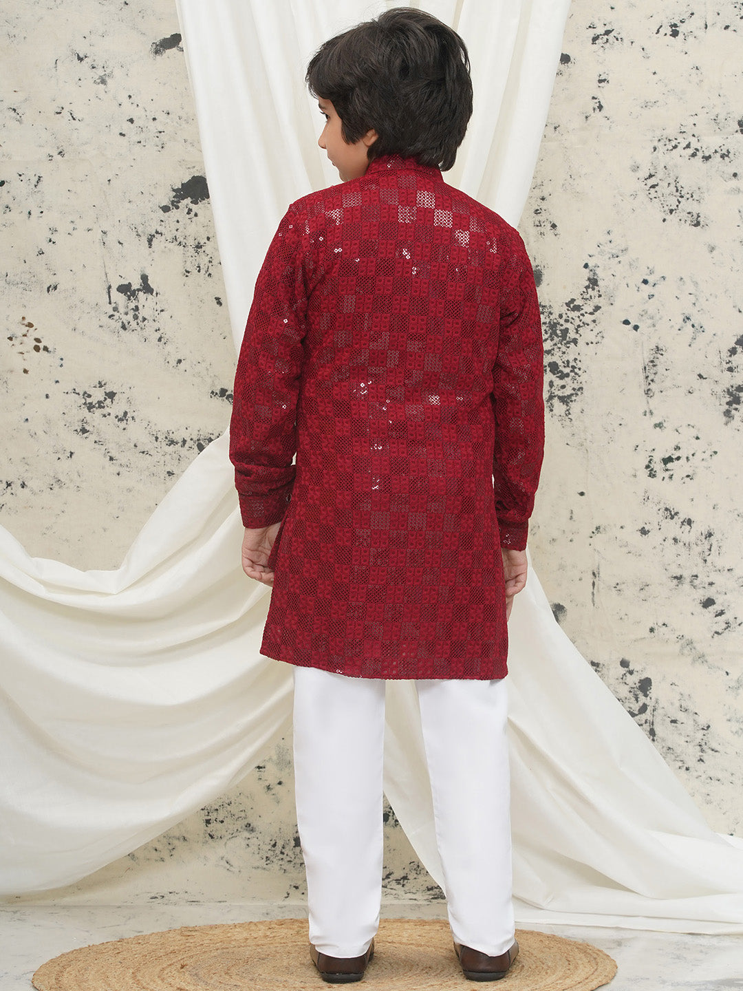 Maroon Full sleeves Sequenced Chikankari Kurta Pyjama For Boys - AJ Dezines