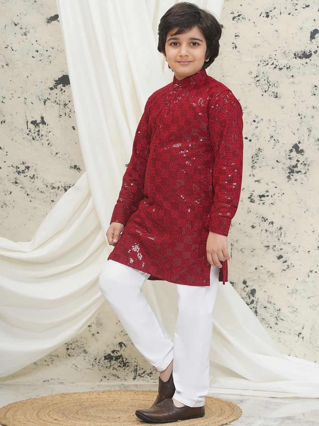 Maroon Full sleeves Sequenced Chikankari Kurta Pyjama For Boys - AJ Dezines