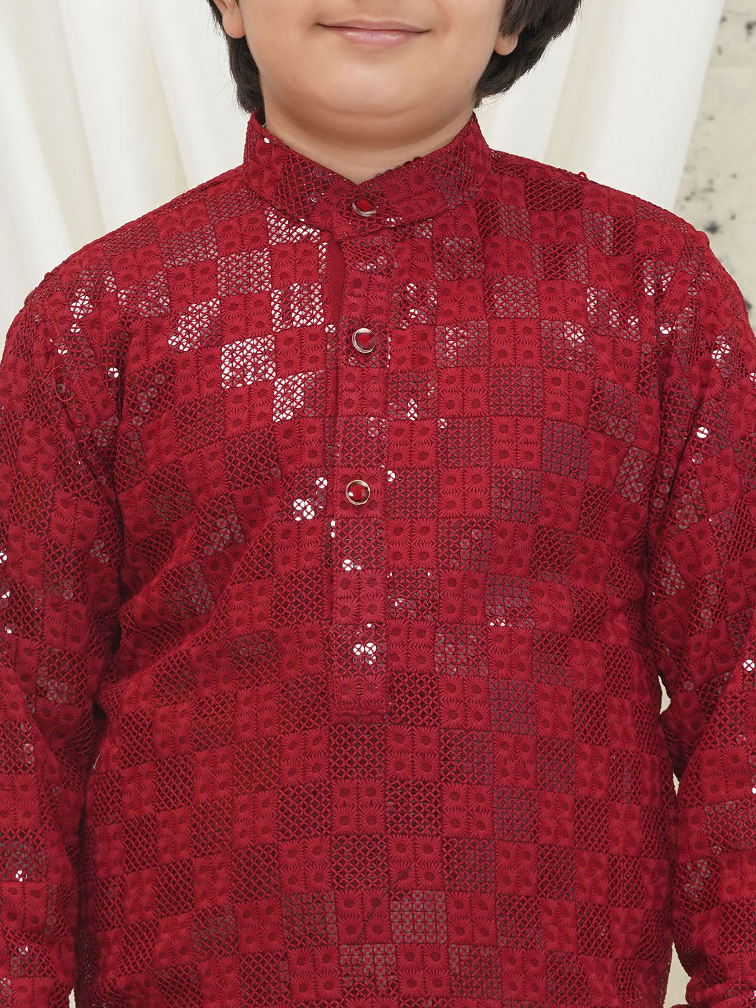 Maroon Full sleeves Sequenced Chikankari Kurta Pyjama For Boys - AJ Dezines