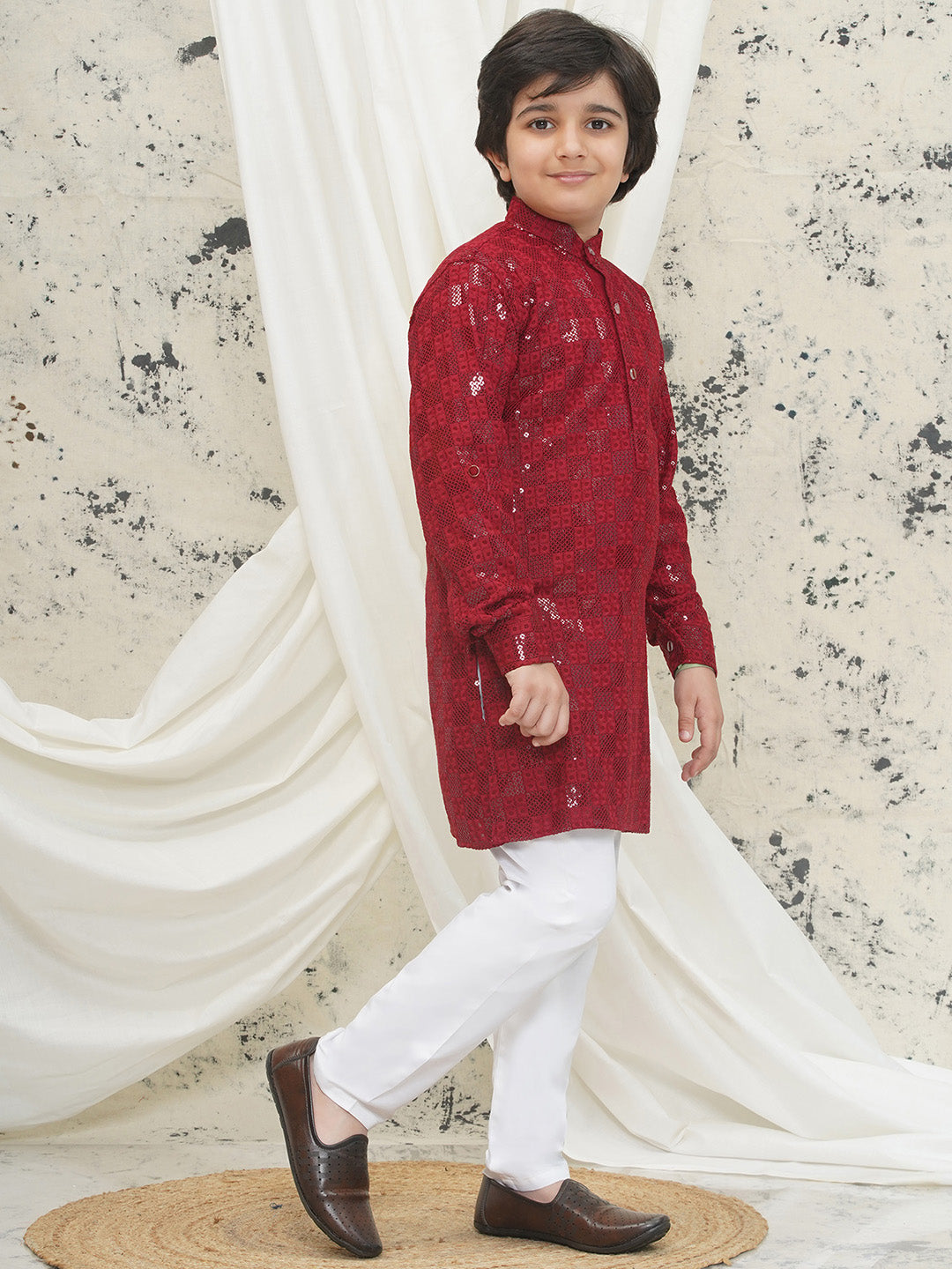 Maroon Full sleeves Sequenced Chikankari Kurta Pyjama For Boys - AJ Dezines