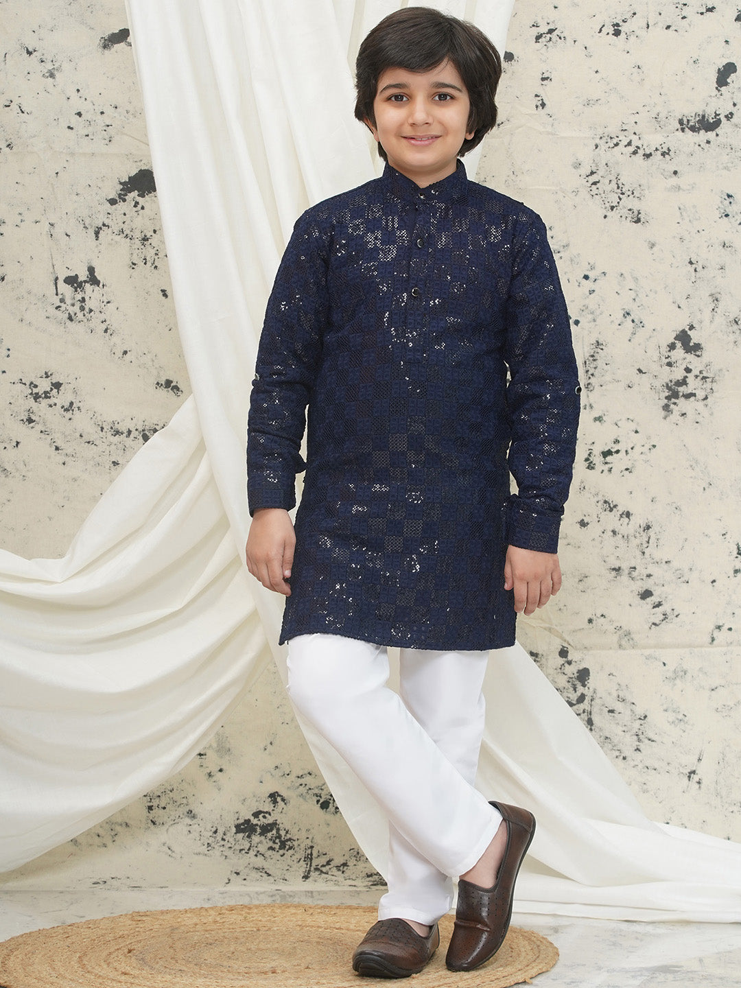 Dark Blue Full sleeves Sequenced Chikankari Kurta Pyjama For Boys