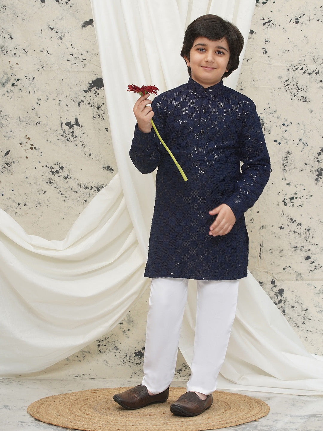 Dark Blue Full sleeves Sequenced Chikankari Kurta Pyjama For Boys