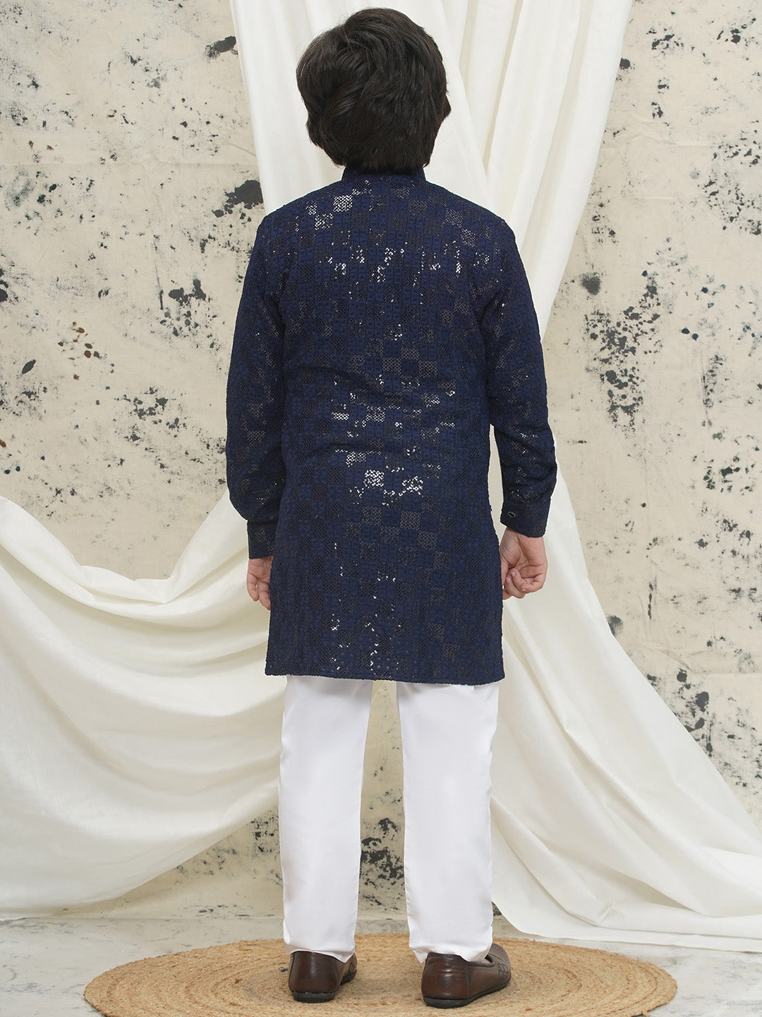 Dark Blue Full sleeves Sequenced Chikankari Kurta Pyjama For Boys
