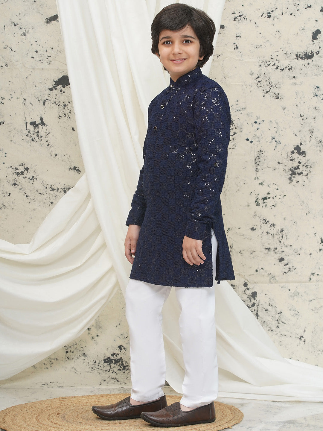 Dark Blue Full sleeves Sequenced Chikankari Kurta Pyjama For Boys