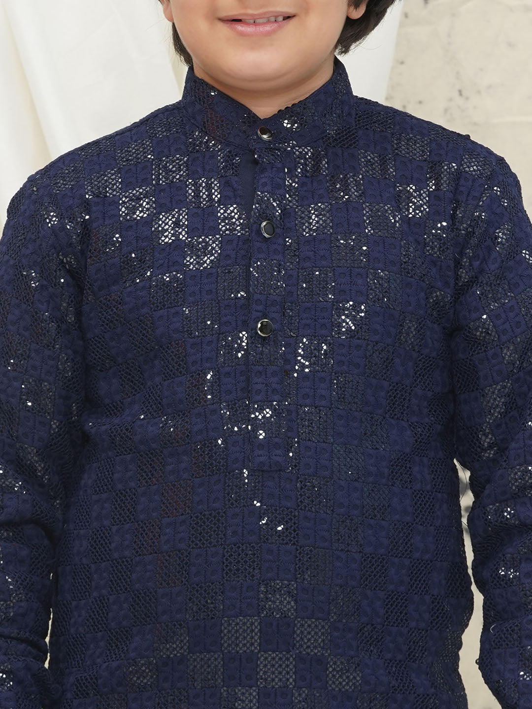 Dark Blue Full sleeves Sequenced Chikankari Kurta Pyjama For Boys