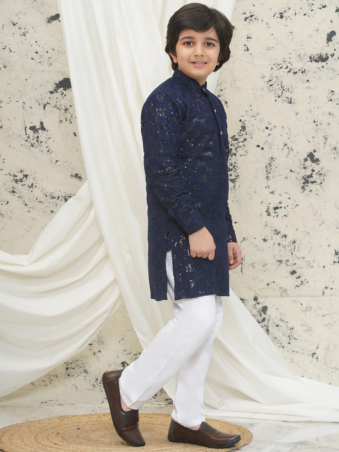 Dark Blue Full sleeves Sequenced Chikankari Kurta Pyjama For Boys