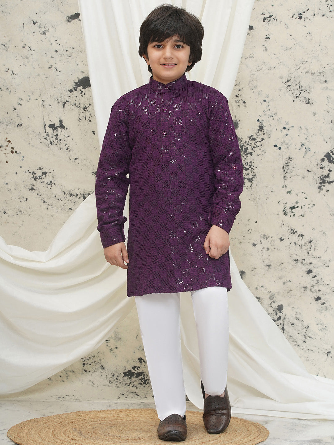 Aj Dezines Purple Full sleeves Sequenced Chikankari Kurta Pyjama For Boys