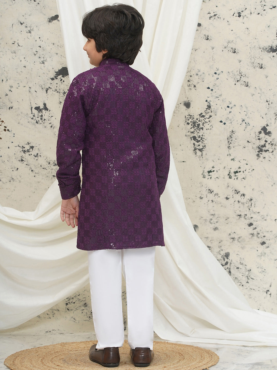 Aj Dezines Purple Full sleeves Sequenced Chikankari Kurta Pyjama For Boys