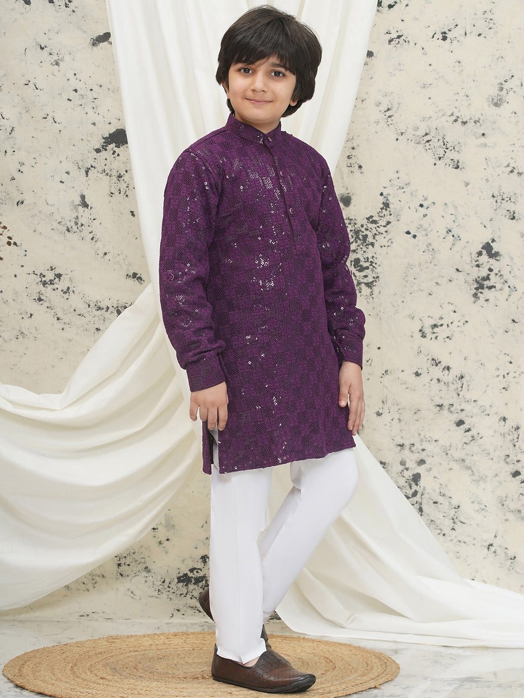 Aj Dezines Purple Full sleeves Sequenced Chikankari Kurta Pyjama For Boys