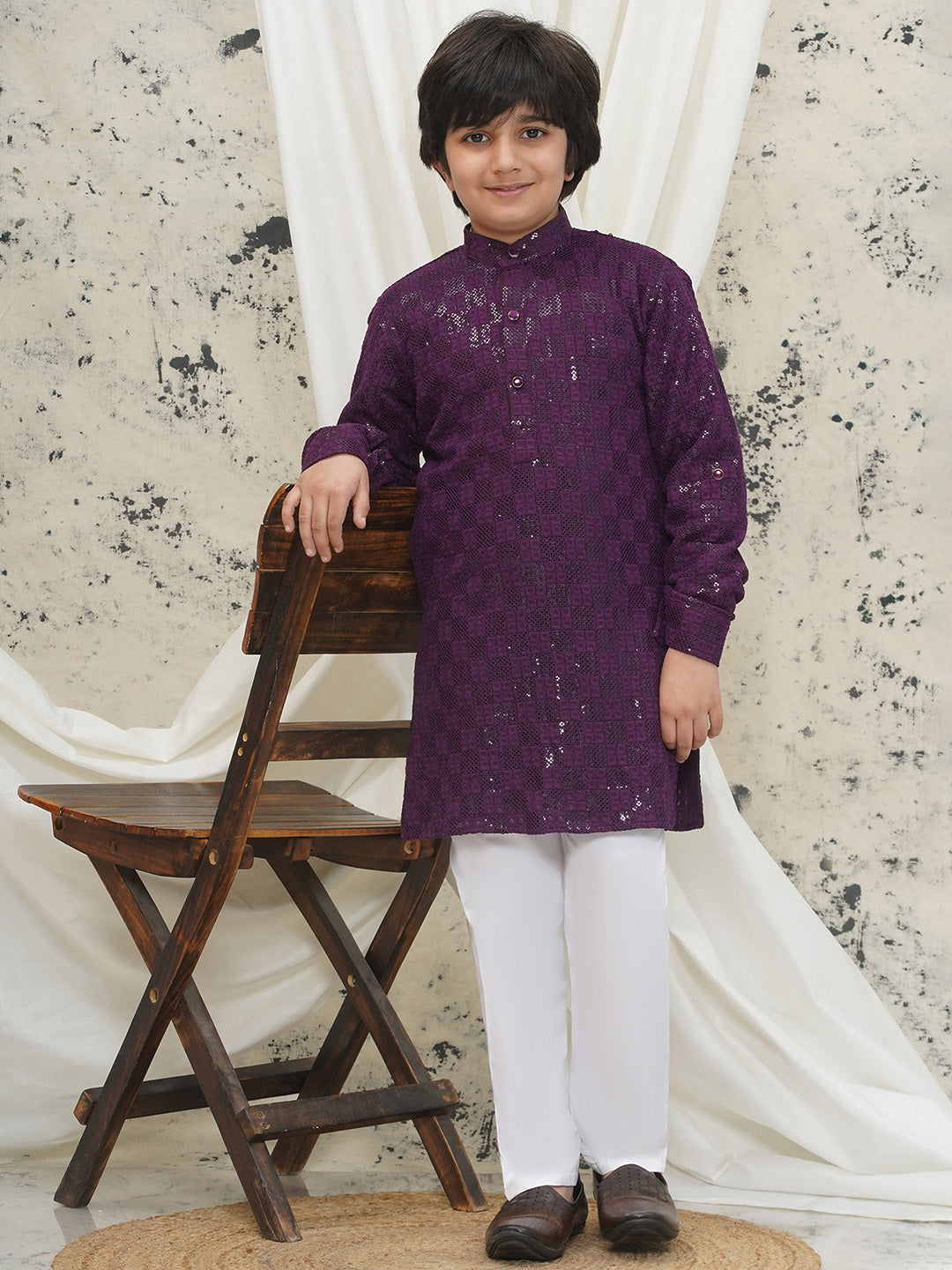 Aj Dezines Purple Full sleeves Sequenced Chikankari Kurta Pyjama For Boys