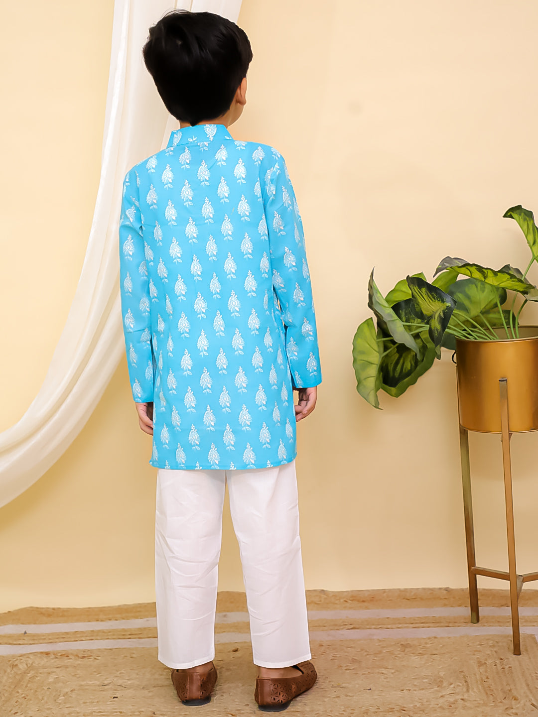 Sky Blue Full sleeves Floral Print Cotton Kurta Pyjama For Boys