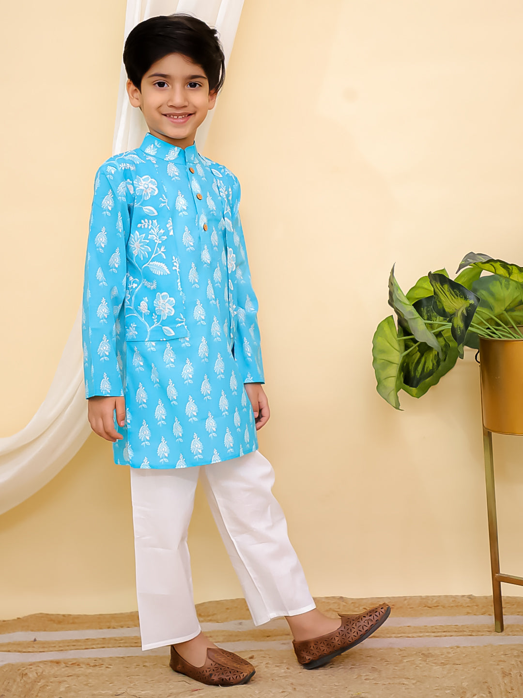 Sky Blue Full sleeves Floral Print Cotton Kurta Pyjama For Boys