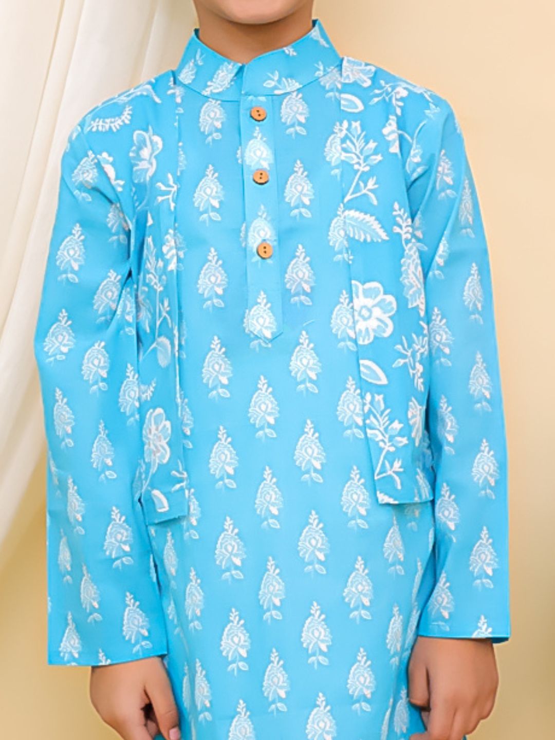 Sky Blue Full sleeves Floral Print Cotton Kurta Pyjama For Boys