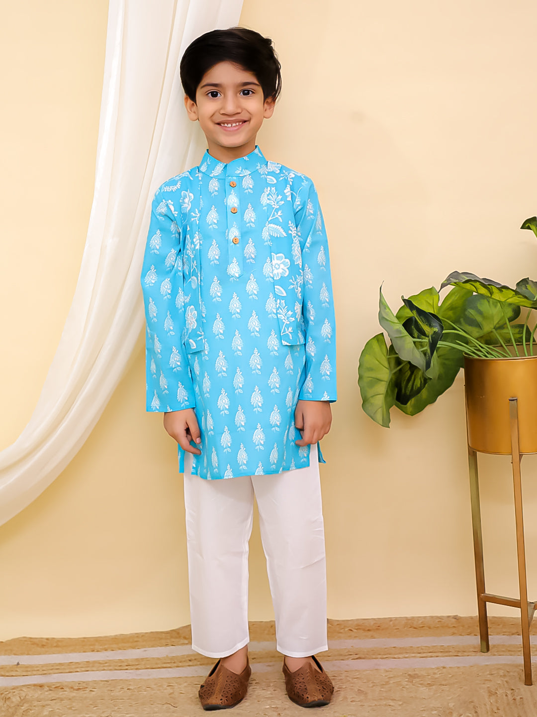 Sky Blue Full sleeves Floral Print Cotton Kurta Pyjama For Boys