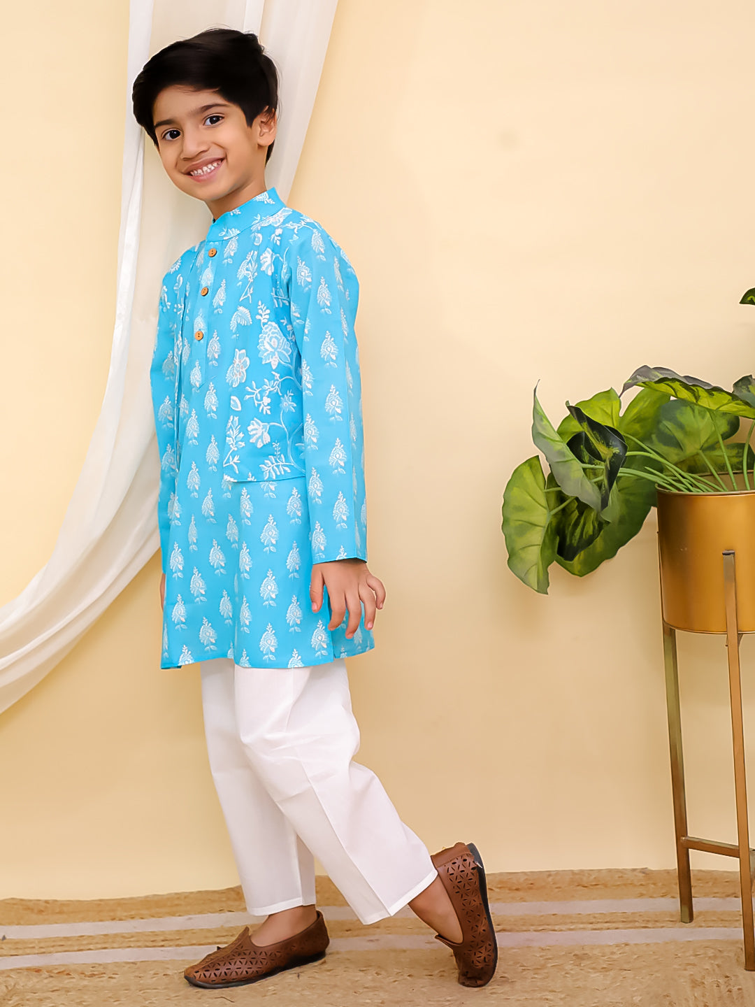 Sky Blue Full sleeves Floral Print Cotton Kurta Pyjama For Boys