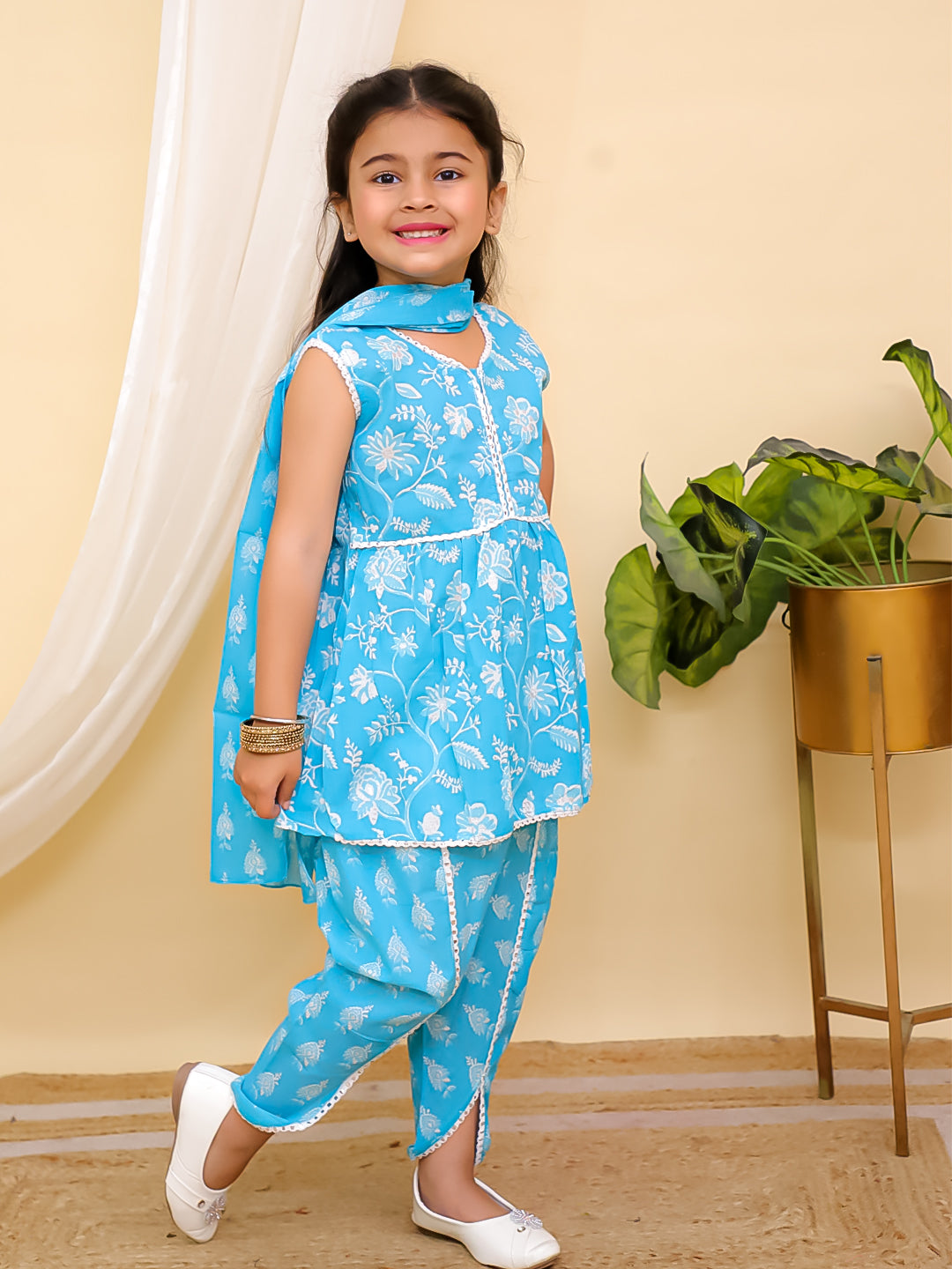 Boys Sky Blue Full sleeves Floral Print Cotton Kurta Pyjama and Sky Blue Sleeveless Floral Print Cotton Girls Suit Set For Girls - Sibling Set - AJ Dezines