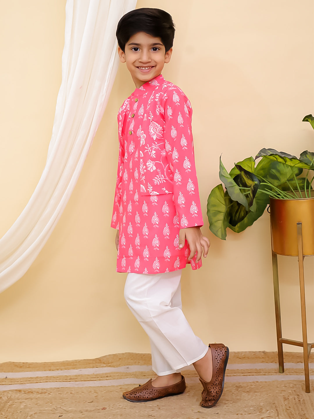 AJ Dezines Pink Full sleeves Floral Print Cotton Kurta Pyjama For Boys