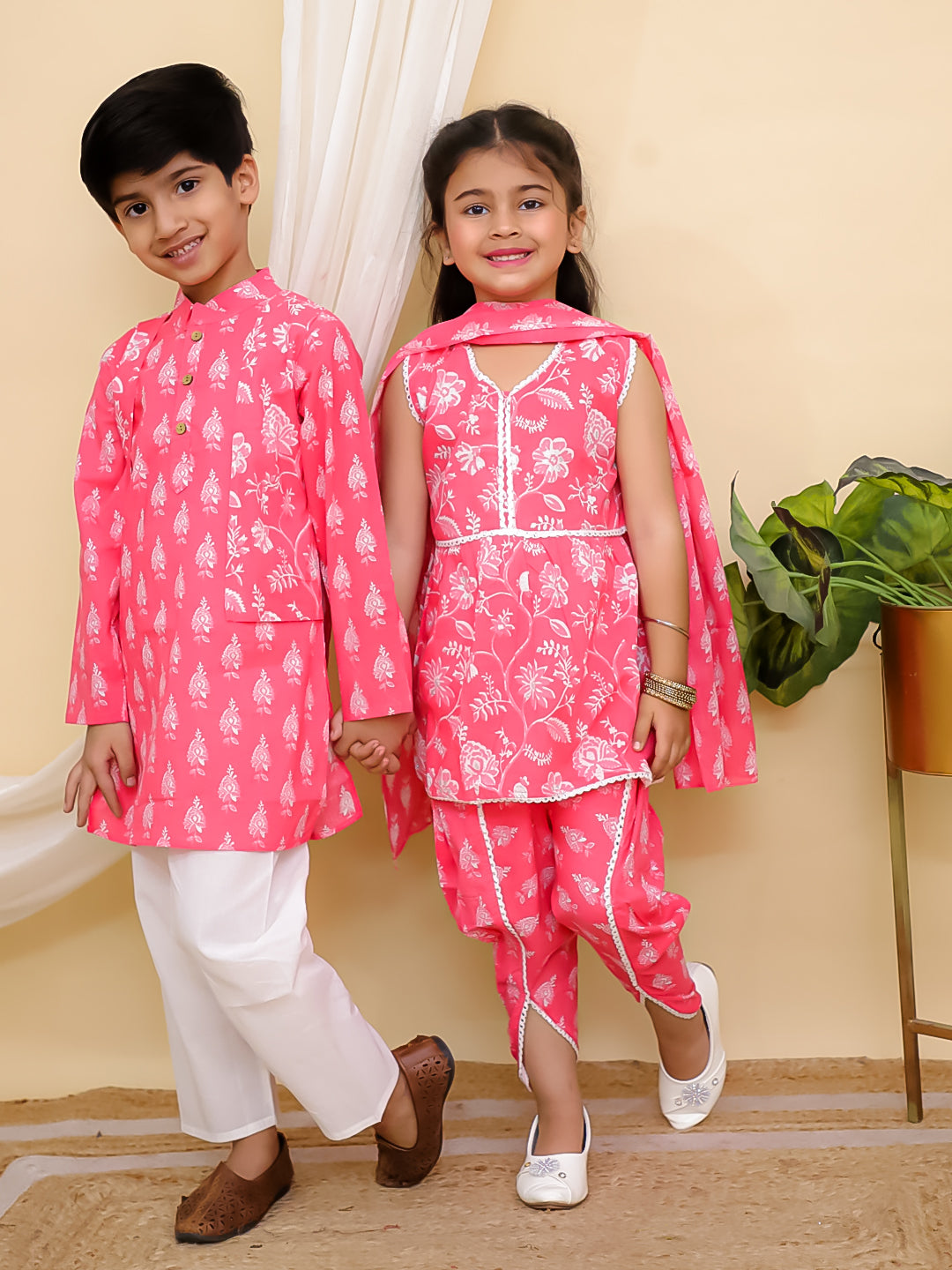 Boys Pink Full sleeves Floral Print Cotton Kurta Pyjama and Pink Sleeveless Floral Print Cotton Girls Suit Set For Girls - Sibling Set