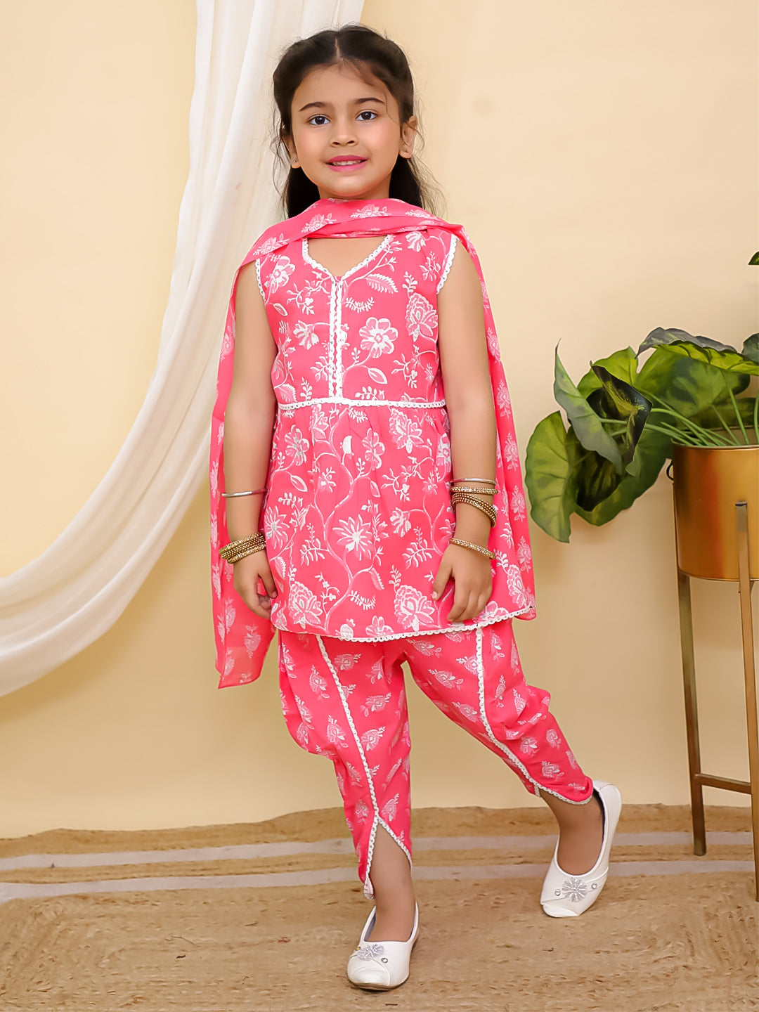 Boys Pink Full sleeves Floral Print Cotton Kurta Pyjama and Pink Sleeveless Floral Print Cotton Girls Suit Set For Girls - Sibling Set - AJ Dezines