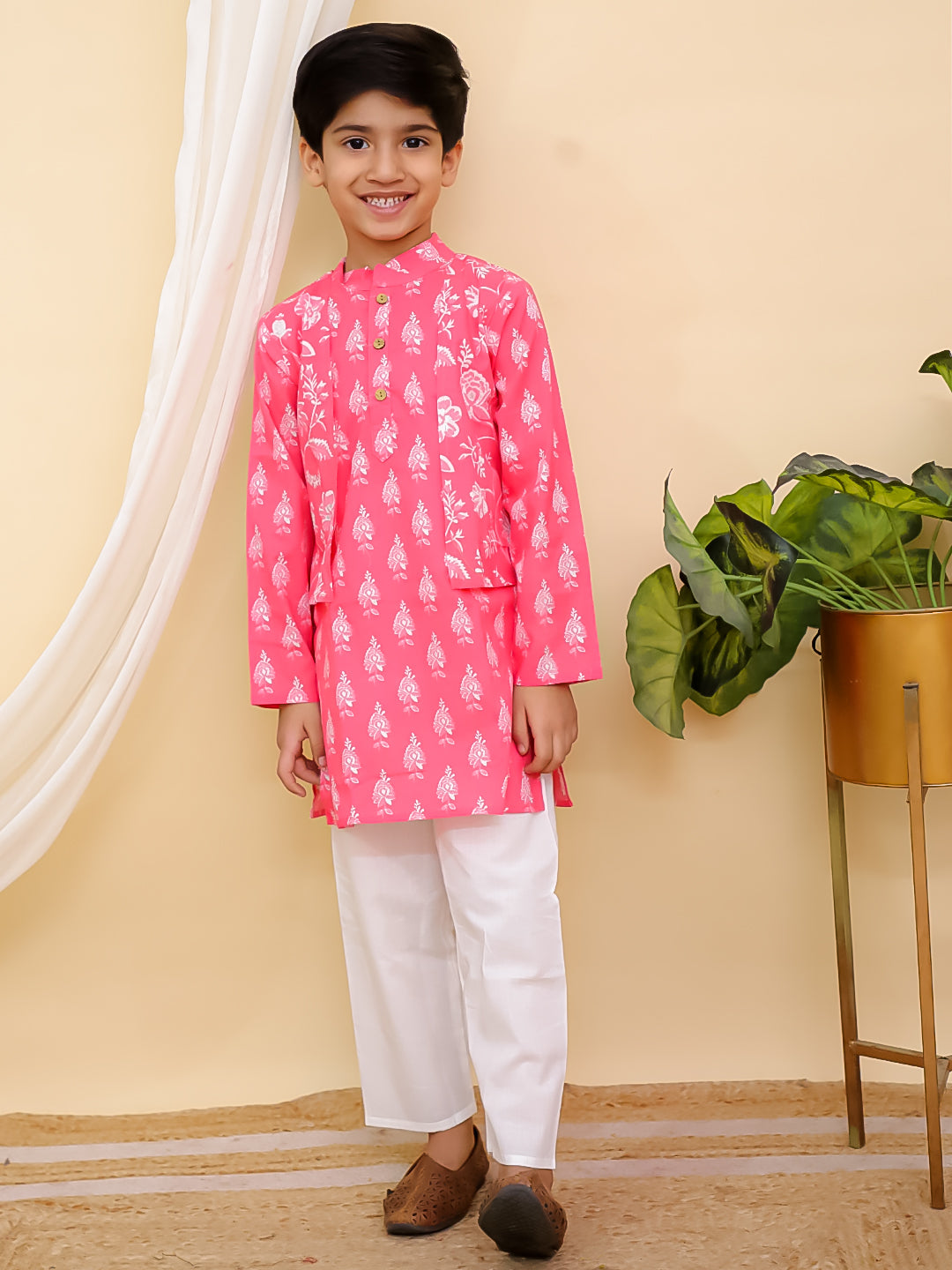 Boys Pink Full sleeves Floral Print Cotton Kurta Pyjama and Pink Sleeveless Floral Print Cotton Girls Suit Set For Girls - Sibling Set - AJ Dezines