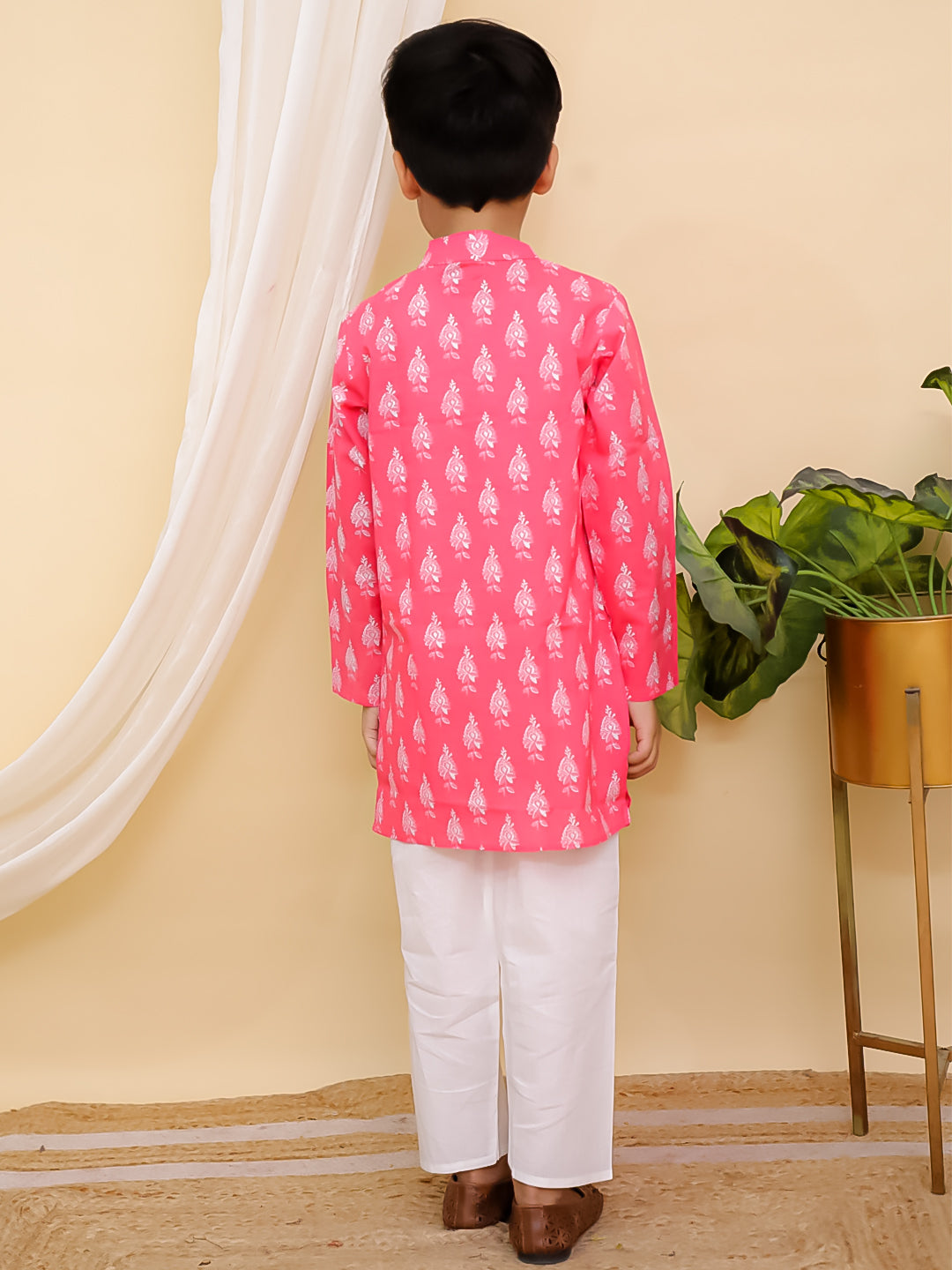 Boys Pink Full sleeves Floral Print Cotton Kurta Pyjama and Pink Sleeveless Floral Print Cotton Girls Suit Set For Girls - Sibling Set - AJ Dezines