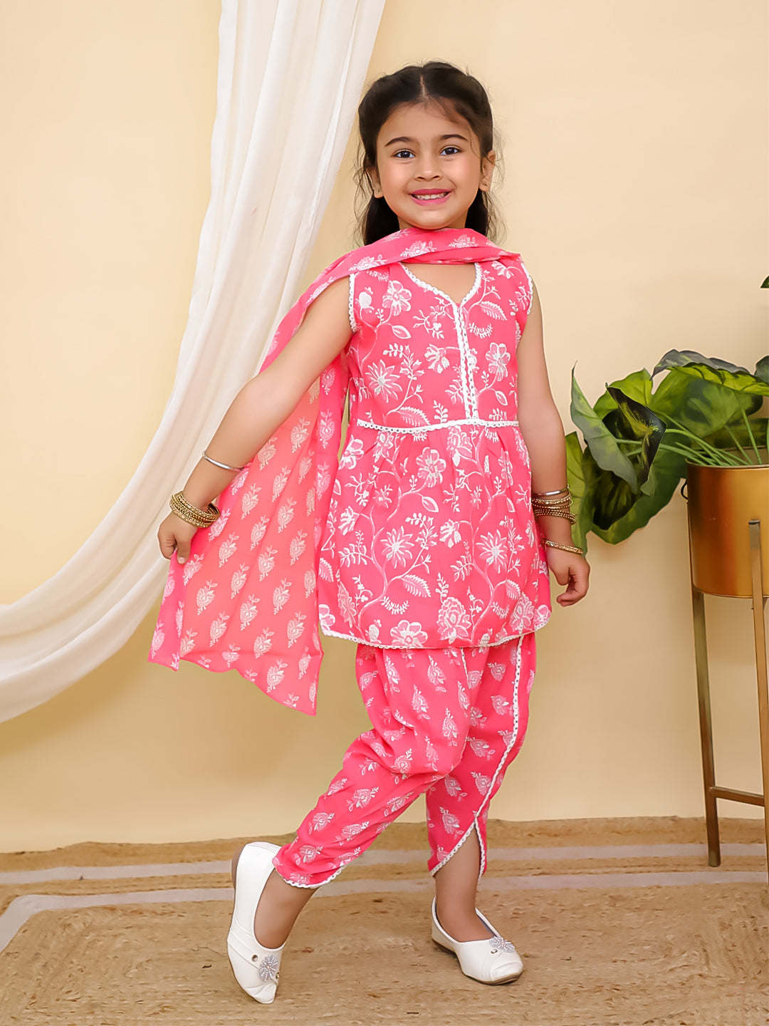 Boys Pink Full sleeves Floral Print Cotton Kurta Pyjama and Pink Sleeveless Floral Print Cotton Girls Suit Set For Girls - Sibling Set - AJ Dezines