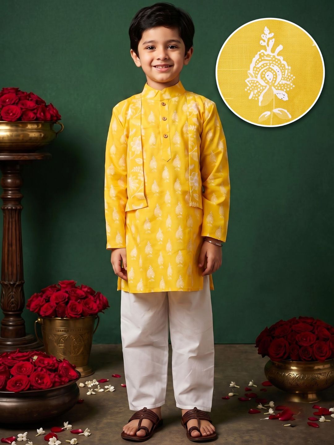 Yellow Full sleeves Floral Print Cotton Kurta Pyjama For Boys
