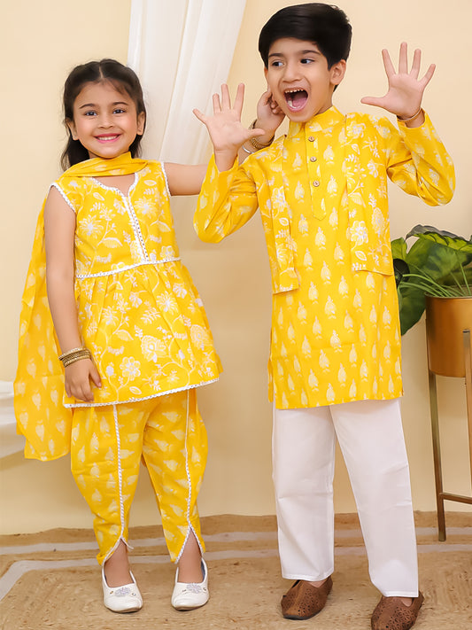 Boys Yellow Full sleeves Floral Print Cotton Kurta Pyjama and Yellow Sleeveless Floral Print Cotton Girls Suit Set For Girls - Sibling Set