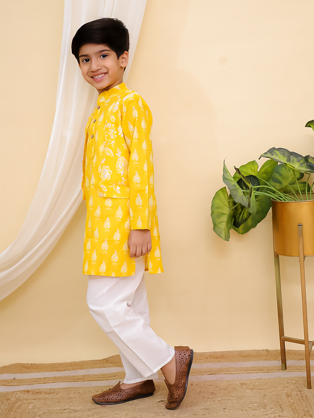 Boys Yellow Full sleeves Floral Print Cotton Kurta Pyjama and Yellow Sleeveless Floral Print Cotton Girls Suit Set For Girls - Sibling Set - AJ Dezines