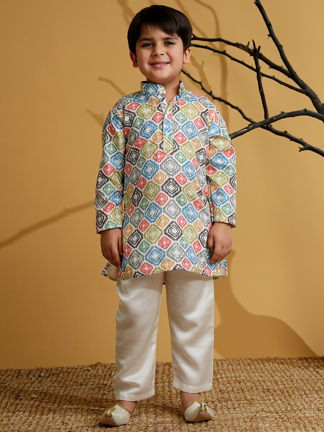 Multi Color Silk Blend Full Sleeves Printed Kurta Pyjama Set