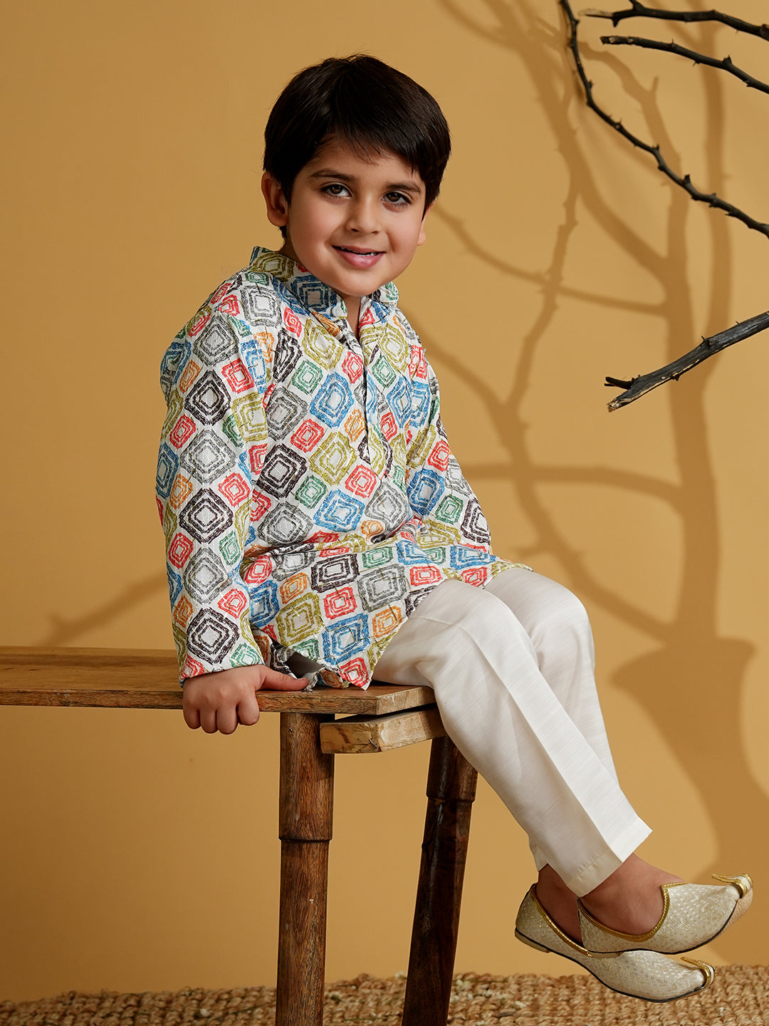 Multi Color Silk Blend Full Sleeves Printed Kurta Pyjama Set